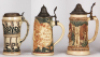 Six Diesinger steins, pottery, .5L, 1007, threading; with, .5L, threading & relief, lid tear; with, .4L, 586, relief; with, .5L, 971, incised, metal lid; with, .5L, 775, relief; with, .5L, 546, relief, faint hairline, most have pewter lids, most good cond - 6