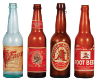 Four Anheuser-Busch bottles, 9.5" to 9.8" ht., paper labels include: Faust Beer, Anheuser-Busch Bock Beer, Anheuser-Busch Lager Beer, Anheuser-Busch Root Beer, good used condition, minimal flaws and wear.