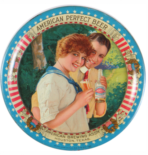American Perfect Beer tip tray, 5.1" d., marked: Copyright 1914 by Kaufmann & Strauss Co. N.Y. 2089, American Brewing Ass'n., Houston, Texas., scratch on women's neck, small chip on man's chin.