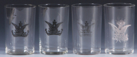 Four beer glasses, 3.5'' ht., three printed A & Eagle Anheuser-Busch, one is worn, one white printed A & Eagle, excellent condition.