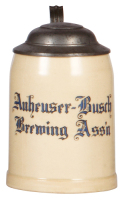 Pottery mug, .4L, transfer & hand-painted, Anheuser-Busch Brewing Ass'n., pewter lid, mint.