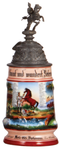 Regimental stein, .5L, 10.1" ht., porcelain, 4. Esc., Küras. Regt. Nr. 4, Münster, 1897 - 1900, two side scenes, roster, eagle thumblift, named to: Resv. Gfr. Diekmann, good repair of pewter strap, otherwise mint.