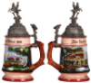 Regimental stein, .5L, 10.1" ht., porcelain, 4. Esc., Küras. Regt. Nr. 4, Münster, 1897 - 1900, two side scenes, roster, eagle thumblift, named to: Resv. Gfr. Diekmann, good repair of pewter strap, otherwise mint. - 2