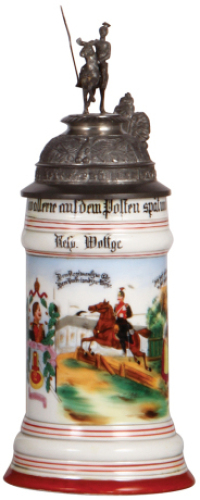 Regimental stein, .5L, 10.9" ht., porcelain, 1. Esk., Ulan Regt. Nr. 2, Gleiwitz, 1900 -1903, two side scenes, eagle thumblift, named to: Resv. Wottge, very rare unit, visually perfect pewter repair, excellent repair of 2" hairline in rear, lithophane lin