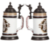 Porcelain stein, 1.0L, transfer & hand-painted, Gewidmet Zum 25 jahrn. 28. VII 89, i. Simbach a.D., Dienstjubiläum von deinen Collegen, playing cards, pewter lid and footring, mint. - 2