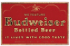 Anheuser-Busch embossed glass advertising window, 14.9" x 9.5", Budweiser Bottled Beer, gold and red reverse painted, marked: R.M.P., Raymond M. Price and Assoc., Chesterton, Indiana, very good condition.