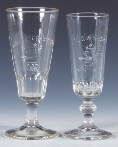 Two Pre-Prohibition embossed beer glasses, 6.5'' to 6.7'' ht., Anheuser-Busch A & Eagle, Budweiser A & Eagle, excellent condition.