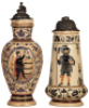 Two steins, pottery, 2.5L, 16.5" ht., 1174, threading, lid damaged, handle tip missing; with, 2.5L, 14.5" ht., by Hanke, 1009, threading, lid dented with tear, handle breaks glued.