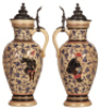 Two steins, pottery, 2.5L, 16.5" ht., 1174, threading, lid damaged, handle tip missing; with, 2.5L, 14.5" ht., by Hanke, 1009, threading, lid dented with tear, handle breaks glued. - 2