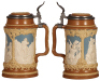 Three Mettlach steins, 1.0L, 812, relief, inlaid lid, mint; .5L, 1005, relief, inlaid lid, interior glaze is brown, otherwise mint; .5L, 2182, inliad lid, mint. - 2