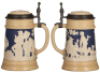 Three Mettlach steins, .5L, 1055 [2271], PUG, pewter lid, mint; .5L, 2182, relief, inlaid lid, mint; .5L, 1370, inliad lid, missing center hinge ring, otherwise mint. - 3