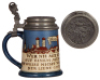 Three Mettlach steins, .5L, etched, 2002, relief pewter lid, hairline on inside at bottom; .5L, etched, 2006, old replaced pewter lid, body mint; .5L, 1655, music box base [without music box], original pewter lid, mint.   - 3