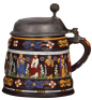 Pottery stein, 1.0L, 8.1" ht., relief, Creussen style, c.1900s, Apostles, pewter lid, thumblift damaged, minor wear. - 2