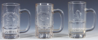 Three Pre-Prohibition embossed beer glass mugs, 5.1'' to 5.4'' ht., two are Anheuser-Busch A & Eagle, one is A & Eagle, one has chips in center of glass, otherwise excellent condition.