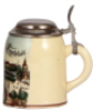 Pottery stein, 4.2" ht., transfer & hand-painted, Gruss aus Ingolstadt, pewter lid, mint. - 2