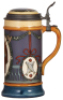 Three Mettlach steins, 1.0L, 2937, & 1.0L, 2938, & 1.0L, 2939, etched, by Quidenus, inlaid lids, all mint. - 2