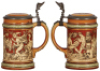 Three Mettlach steins, .3L, 2025, .3L, 2035 & .3L, 2057, etched, inlaid lids, all mint. - 3