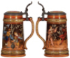 Two Mettlach steins, .5L, 1527, etched, by C. Warth, inlaid lid, mint; with, .5L, 2097, etched, inlaid lid, mint. - 2