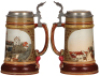 Two Mettlach steins, .5L, 2277, etched, Nürnberg scene, inlaid lid, mint; with, .5L, 2403, etched, Wartburg scene, inlaid lid, mint. - 2