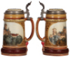 Two Mettlach steins, .5L, 2277, etched, Nürnberg scene, inlaid lid, mint; with, .5L, 2403, etched, Wartburg scene, inlaid lid, mint. - 3