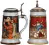 Two Mettlach steins, .5L, 2922, etched, inlaid lid, mint; with, .5L, 2959, etched, inlaid lid.