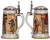 Two Mettlach steins, .5L, 2922, etched, inlaid lid, mint; with, .5L, 2959, etched, inlaid lid. - 3