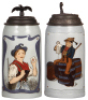 Two Mettlach steins, 1.0L, 2823, etched, tapestry, pewter lid, mint; with, 1.0L, 2966, etched, tapestry, pewter lid, mint.