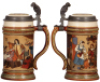 Two Mettlach steins, .5L, 2501, & .5L, 2532, etched, inlaid lids, both mint. - 3