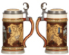 Two Mettlach steins, .5L, 1796, etched, inlaid lid, mint; with, .5L, 2640, etched, inlaid lid, mint. - 2