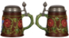 Two Mettlach steins, .3L, 2016, decorated relief, pewter lid, mint; with, .25L, 171, relief, inlaid lid, mint. - 2