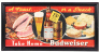 Anheuser-Busch lithograph on board, framed 12.9" x 25.8", A Feast or a Snack Take Home Budweiser, marked: Trade Mark Reg. U.S. Pat. Off., Litho U.S. Pat. Off., Litho USA, frame is contemporary, lithograph has tears & folds.