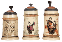 Three pottery steins, .5L, relief & threading, by Diesinger, all have inlaid lids, Keeley Brewing Co. Chicago inside lids, Brewery logo on outside, one chipped on handle, otherwise good condition.