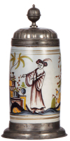 Faience stein, 9.8'' ht., late 1700s, Walzenkrug, pewter lid and footring, dated 1784, very good condition.