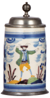 Faience stein, 9.0'' ht., mid 1700s, Bayreuther Walzenkrug, young man, pewter lid & footring, minor short hairlines, upper rim flakes covered by closed lid.