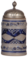 Stoneware stein, 8.5'' ht., mid 1700s, WesterwŠlder Walzenkrug, incised & applied relief, blue saltglaze, pewter lid, good old pewter tear repair, body good condition.
