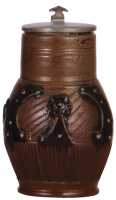 Stoneware stein, 7.0'' ht., mid 1800s, Muskauer Birnkrug, brown saltglazes, pewter lid, glaze flakes.