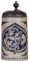 Stoneware stein, 9.8'' ht., late 1700s, WesterwŠlder Walzenkrug, incised, blue saltglaze, pewter lid, good repair of pewter strap & tear, body good condition.