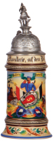Regimental stein, .5L, 11.5'' ht., pottery, 2. Esk., Drag. Regt. No. 5, Hofgeismar, 1905 - 1908, two side scenes, roster, eagle thumblift, named to: Reserv. Pasold, mint.