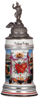 Regimental stein, .5L, 11.2'' ht., porcelain, 2. Comp., Telegraph, Batl. Nr. 3, Coblenz, 1899 - 1901, two side scenes, roster, eagle thumblift, named to: Reserv. Nuhn, six names on roster served in China, mint.