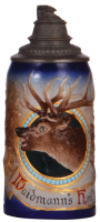 Stoneware stein, 1.0L, relief, marked 2783, Sarreguemines, artist Victor Kremer, Waidmann's Heil!, pewter lid, mint.