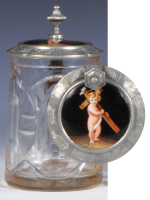 Glass stein, .5L, blown, cut, handpainted porcelain inlaid lid: baby Jesus with cross, excellent quality, very good pewter strap repair, otherwise mint.