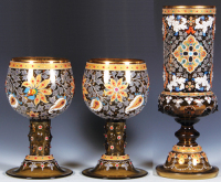 Pair glass roemers, 9.3'' ht., blown, amber, hand-painted, prunts, glass beads, gilded, one small glass bead missing, very good condition.