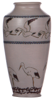 Stoneware vase, 10.4'' ht., incised, marked: J. Wingerter, 0507, flying and standing herons, artist initials O.S. & C.W., saltglazed, excellent condition.Ê ÊÊ200-300