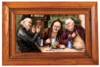 Porcelain plaque, 13.5'' x 7.6'', with frame 18.0'' x 12.0'', unmarked, hand-painted, c.1900, E. Grützner style of monks and religious man drinking, porcelain excellent condition, frame in very good condition.