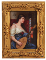 Porcelain plaque, 7.6" x 5.3", with frame 10.9" x 8.4", hand-painted, marked made in Germany, Das Alte Lied after E. Kiesel, artist signed lower right behind frame edge, mint.