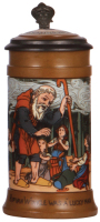 Mettlach stein, .5L, 2809, etched, by F. Quidenus, inlaid lid, Rip Van Winkle, mint.