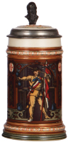 Mettlach stein, .5L, 1914, etched, inlaid lid, mint.