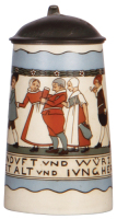 Mettlach stein, .5L, 3002, etched, by F. Ringer, pewter lid, mint.