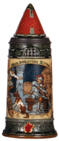 Mettlach stein, 1.0L, 2382, etched, by H. Schlitt, inlaid lid, mint. 