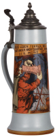 Mettlach stein, 2.8L, 17.0'' ht., 2921, etched, original pewter lid marked Pauson München, mint.